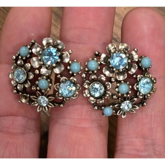 Lisner Jewelry - Vtg Lisner Earrings Signed Screw Back Blue Rhinestone Faux Pearl As Is